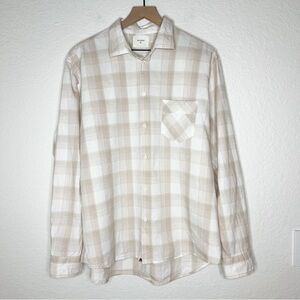 Billy Reid Standard Fit Cotton Linen Plaid Button Up Shirt White Tan size XL